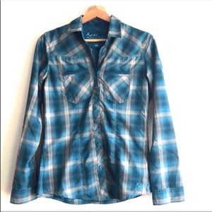 Kuhl plaid long sleeved button down blue shirt in size XS
